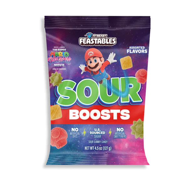 MrBeast Feastables Super Mario Sour Boosts Candy (4.5 oz) – Limited Edition Sour Gummies