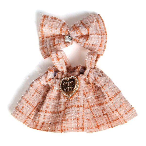 Outfit: Tan Plaid Dress & Matching Hair Bow for Dolls - Petite Threads