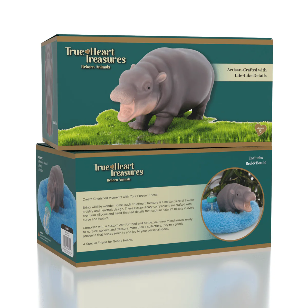 TrueHeart Treasures Squishies® Silicone Reborn Animals: Mini Hippo Newborn Baby (Includes Bed & Bottle)