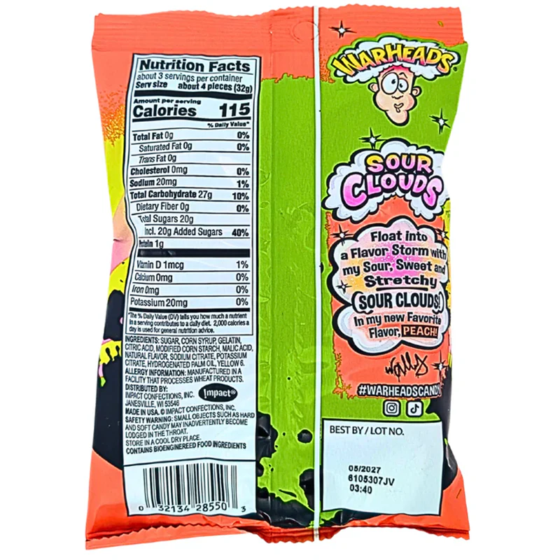 Warheads Sour Clouds Peach – Soft & Chewy Sour Candy (3oz) - Image 2